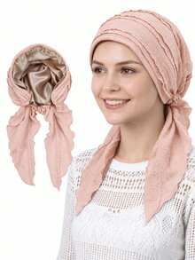 1pc Satin Lined Pre-Tied Headscarf, Ruffle Pleated Cotton Headwrap, Sleep Bonnet, Muslim Headwear - Multicolor - View 20