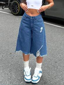 Women's Distressed Asymmetrical Hem Capri Length Jeans Casual Summer - Medium Wash - View 1