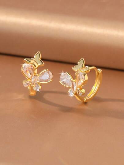 1 Pair Gold-Plated & Silver-Plated Butterfly Stud Earrings For Women, Inlaid With Sparkling Water-Drop Transparent Cubic Zirconia, Delicate Butterfly Design Small Ear Studs, Elegant Atmosphere Earrings, Suitable For Weddings, Banquets, Daily Wear And Holiday Gifts