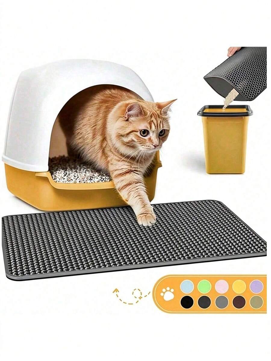 1 Pc Double-Layer Honeycomb Waterproof Cat Litter Mat, Large Hole Non-Stick Litter Trapping Odor-Resistant Easy Clean Washable Reusable Durable Pet Floor Protector Pad, Versatile For Indoor Home Pet Area Litter Box Entryway Daily Pet Care Supplies - Dark Grey - View 1