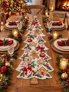 1pc Gingerbread Christmas Tree Linen Table Runner, Cute Gingerbread Man Candy Cane Peppermint Snowflake Print, Irregular Tree Shaped Dining Table Runner, Festive Farmhouse Kitchen Decor, Christmas Decorations For Home, Xmas Party, Holiday Table Decor - C - View 10