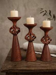 3Pcs/2Pcs/1Pc Wood Grain Metal Candle Holder Set, Modern Pillar Candle Stands, Sculptural Candlestick Holders, Rustic Home Decor, Farmhouse Decor, Boho Table Centerpiece, Living Room, Dining Table, Wedding, Christmas Decor, Housewarming Gift. - Vintage Design - View 1