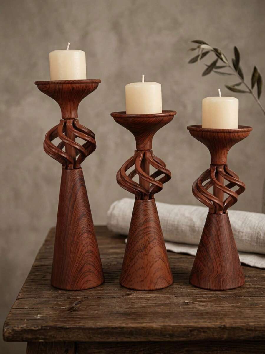 3Pcs/2Pcs/1Pc Wood Grain Metal Candle Holder Set, Modern Pillar Candle Stands, Sculptural Candlestick Holders, Rustic Home Decor, Farmhouse Decor, Boho Table Centerpiece, Living Room, Dining Table, Wedding, Christmas Decor, Housewarming Gift. - Vintage Design - View 1