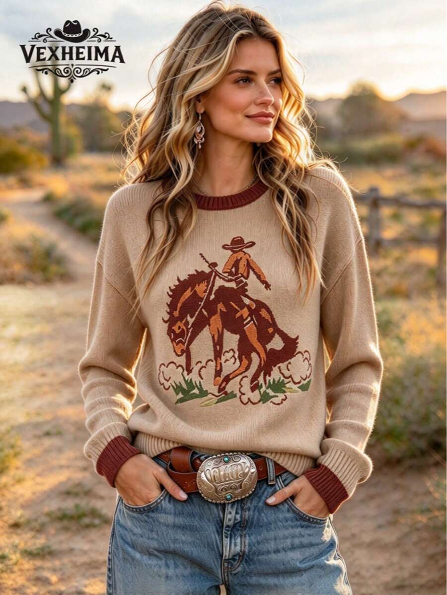 VEXHEIMA Western-Style Women's Fashionable, Elegant, And Versatile Color-Blocked Animal Print Ribbed Crew-Neck Long Sleeve Knit Top - Camel - View 1