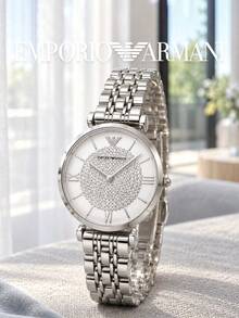Armani Women's Quartz Watch Silver Stainless Steel Bracelet Round Pave Crystal Dial Roman Numerals Elegant Dress Watch For Dinner Anniversary Daily Dating - Silver - View 1