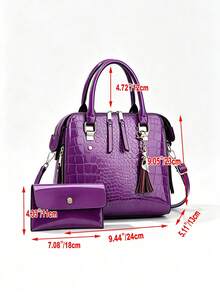 Women's Bright Purple Crocodile-Embossed Glossy PU Top Handle Satchel & Matching Envelope Clutch Set - Crocodile Pattern Mother-baby Bag - View 3