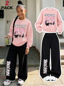 2 Pieces Set, Girls New York 23 Graphic Sweatshirt And Wide Leg Pants, Long Sleeve Casual Streetwear Outfit For School, Spring And Fall - Pink - View 9
