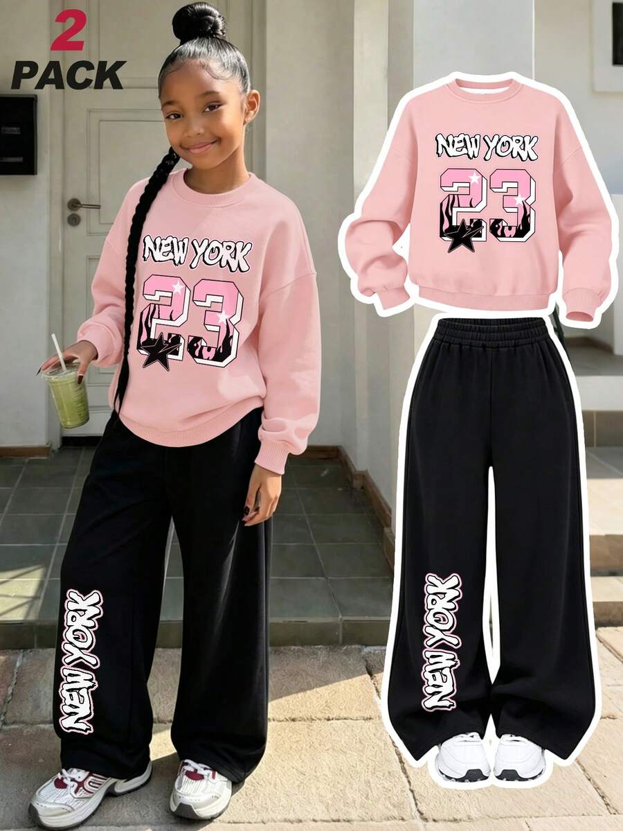 2 Pieces Set, Girls New York 23 Graphic Sweatshirt And Wide Leg Pants, Long Sleeve Casual Streetwear Outfit For School, Spring And Fall - Pink - View 1