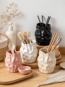 Black Wavy Asymmetrical Kitchen Utensil Holder, Decorative Kitchen Countertop Storage Bucket, Large Cooking Tool Organizer For Spatula, Spoon, Whisk, Chopsticks, Aesthetic Home Decor Gift, 1pc - Multicolor - View 4