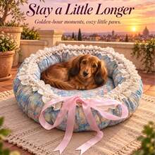 1pc Single Nest Design, Soft & Comfortable, Fabric Material, Blue Floral Pattern Cat Bed, Pastoral Style, Sweet Style, Blue Floral, Round Nest Body, Cream Lace Trim, Pink Bow, Long Ribbon Decoration, Wrapped Edge, Soft Cushion Design, Daily Rest, Home Sleep, Pet Cat Bed, Suitable For Spring, Suitable For Summer, Suitable For Autumn, Suitable For Winter, Four Seasons Home, Living Room Placement, Bedroom Corner, Window Side Nap - Multicolor - View 8