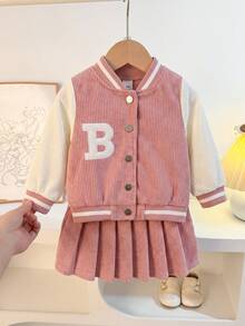 年轻女孩 2 件套美式棒球夹克和灯芯绒迷你裙，休闲秋冬装 - 粉色 - 查看 8