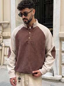 Men's Half-Button Stand Collar Long Sleeve Top, Colorblock Raglan Corduroy Texture Contrast Design, Casual Daily Pullover - Multicolor - View 1