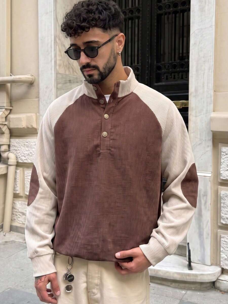 Men's Half-Button Stand Collar Long Sleeve Top, Colorblock Raglan Corduroy Texture Contrast Design, Casual Daily Pullover - Multicolor - View 1