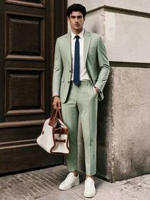 2pcs Men's Suit Set, Green Blazer Jacket And Pants, British Style Casual Business Commute Wedding Party Formal Wear, Spring/Summer - Green - View 1