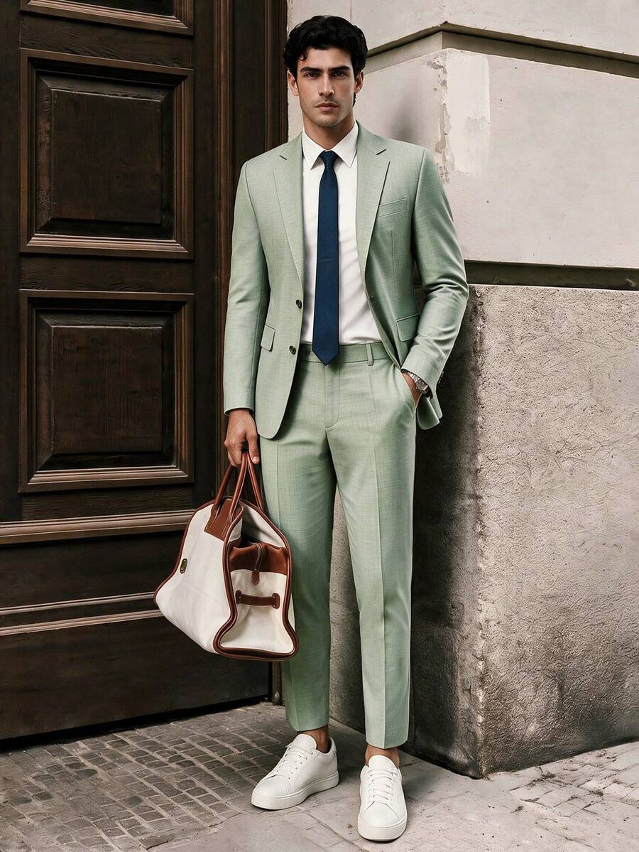 2pcs Men's Suit Set, Green Blazer Jacket And Pants, British Style Casual Business Commute Wedding Party Formal Wear, Spring/Summer - Green - View 1
