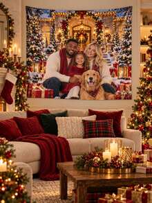 1pc Custom Photo Tapestry Backdrop, Personalized Christmas Family Picture Banner, Polyester Fabric Wall Hanging For Birthday Baby Shower Wedding Party Photography, Holiday Home Decor, Living Room Background, Custom Photo Gift - Multicolor - View 3