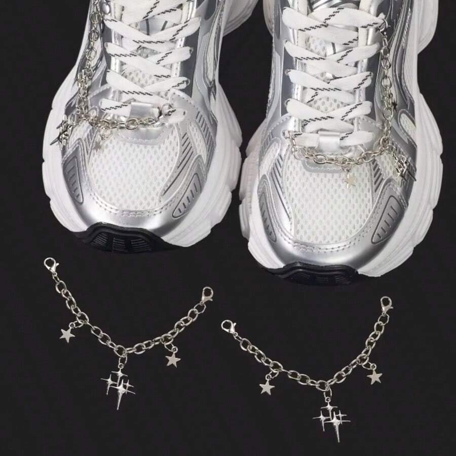 2Pcs Fashion New Shoe Laces Buckle 3D Star Charm Silver Chain Sports Shoelaces Decorative Buckle Boots Charms - Silver - View 1