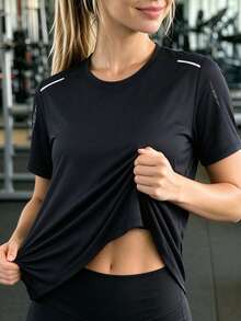 Women's Short Sleeve Sports Running T-Shirt, Simple Elastic Breathable, Suitable For Gym, Running And Outdoor Leisure, Spring And Summer - Black - View 1