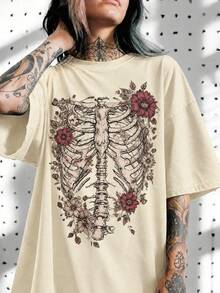 1pz Playera holgada para mujer cómoda con estampado de esqueleto floral estilo gótico aesthetic camiseta casual para Halloween y Día de Muertos - Albaricoque - Ver 3