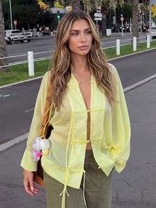 Women Chinese Frog Button Sheer Blouse, Long Sleeve Tie Front Loose Yellow Shirt, Casual Stand Collar See Through Top - Yellow - View 3