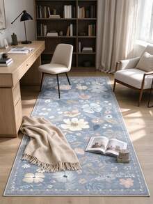 1pc Fog Blue Floral Long Runner Rug, Soft & Comfortable Bedroom Carpet, Washable Rug, Suitable For Front Door, Entryway, Hallway, Kitchen, Bedroom, Dorm, Dining Room, Skin-Friendly Rug, Living Room Carpet, Sofa Seating Rug, Area Rug, Creative Versatile Home Decor Rug, Large Living Room Rug, Bedroom Carpet, Walk-In Closet Rug, Room Decor, Gift For Family And Friends - Multicolor - View 4