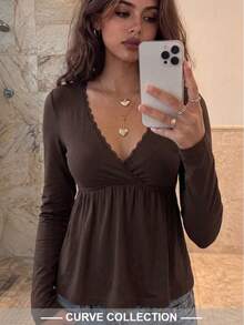 Plus Size SCARLUX Autumn/Winter Y2K Women's Brown V-Neck Long Sleeve Knit Top, Suitable For Back To School, Street, Commute And Comfortable Home Wear - Brown - View 5
