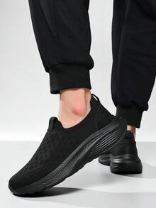 Men's Breathable Hollow Knit Sock Shoes, Lightweight Shock Absorbing Thick Bottom Slip On Walking Sneakers For Daily Commute - Black - View 6