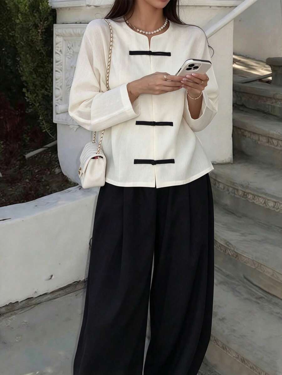Women's Fashion Round Neck Long Sleeve Drop Shoulder Top, With Frog Button Design, Casual Semi-Sheer Blouse - White - View 1