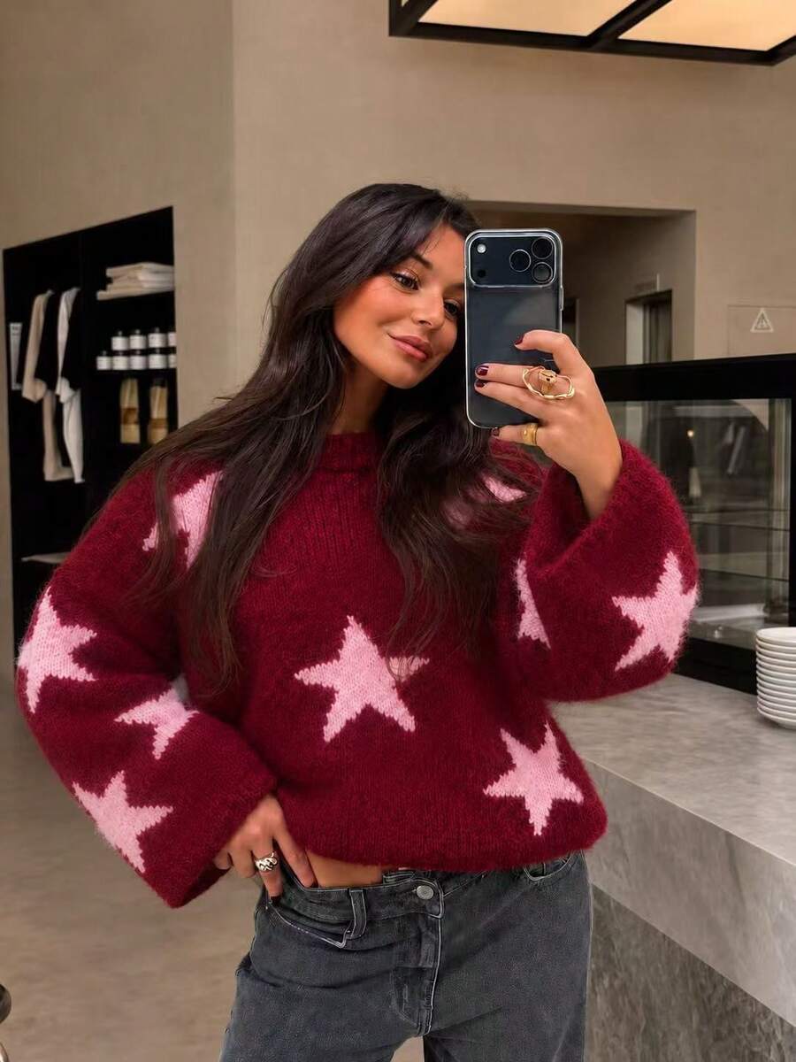 Women's Sweater, NewDesign Autumn/Winter All-MatchTops Minimalist Casual Versatile Five-Pointed Star Jacquard Loose Knit Fall - Pink Brown - View 1