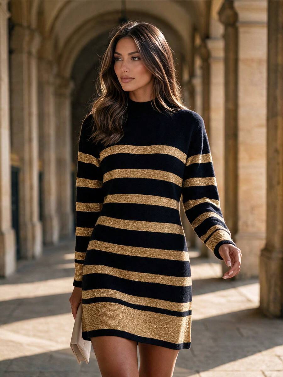 Women's Vintage Striped Long Sleeve Knit Slim Fit Short Pullover Sweater Dress, Autumn Style