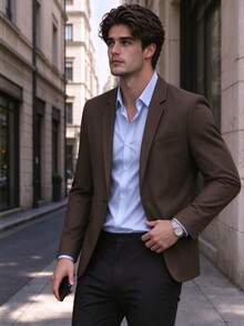 Men's Autumn/Winter Single-Button Slim Fit Suit Jacket, Light Business Style, Suitable For Wedding, Office, Graduation Ball, Ceremony, Daily Work, Anniversary Gift - Coffee Brown - View 3