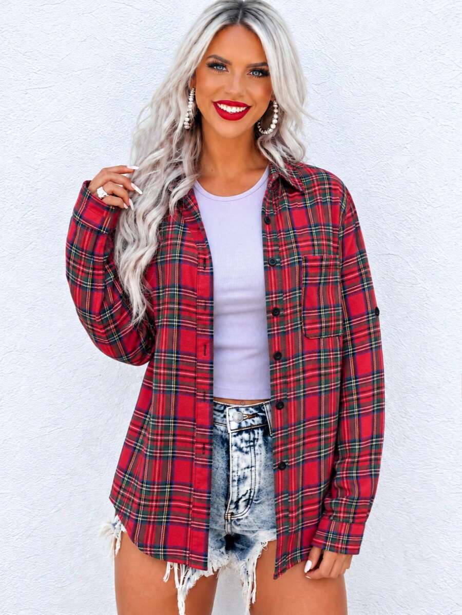 Autumn Fashion Casual Rolled-Up Sleeve Plaid Flannel Long Sleeve Shirt - Red - View 1