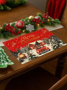2 Pcs Merry Christmas Santa Red Car Placemats Snowy House Reindeer Snowman Print Heat Resistant Table Mats Farmhouse Xmas Dining Table Decor - Red - View 8
