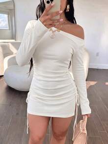 Live To Mo Y2K Sexy Cold Shoulder Knitted Mini Dress, Long Bell Sleeve Ruched Fitted Dress, Autumn Back To School Daily Party Outfit - White - View 3