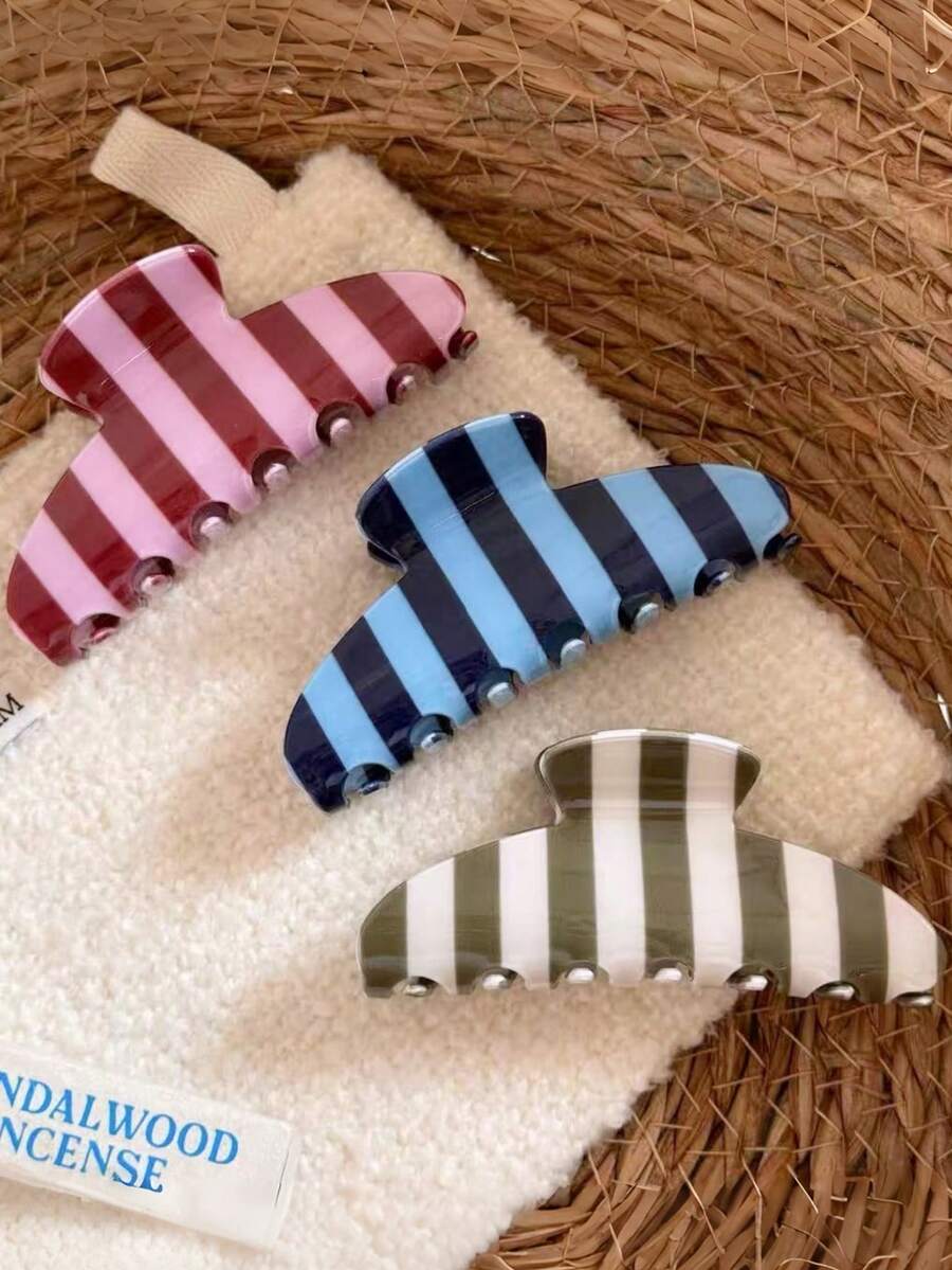 3Pcs Striped Hair Claw Clips, Women Preppy Color Block Non Slip Large Hair Grab Clips For Thick Hair - Multicolor - View 1