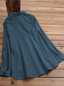 Áo sơ mi nữ tay dài có cổ, dáng vừa, vải polyester, chi tiết cúc, túi hai bên - Màu xanh lam - Xem 6