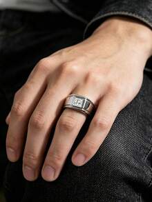 1pc 3ct S925 Sterling Silver Princess Cut Moissanite Men's Ring, Wide Polished Band With Single Stamp - Style A-white - View 2