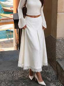 Aflion Elegant White Mid-Length Dress For Women, Woven Fabric With Exquisite Lace Trim, Perfect For Summer Occasions - White - View 1