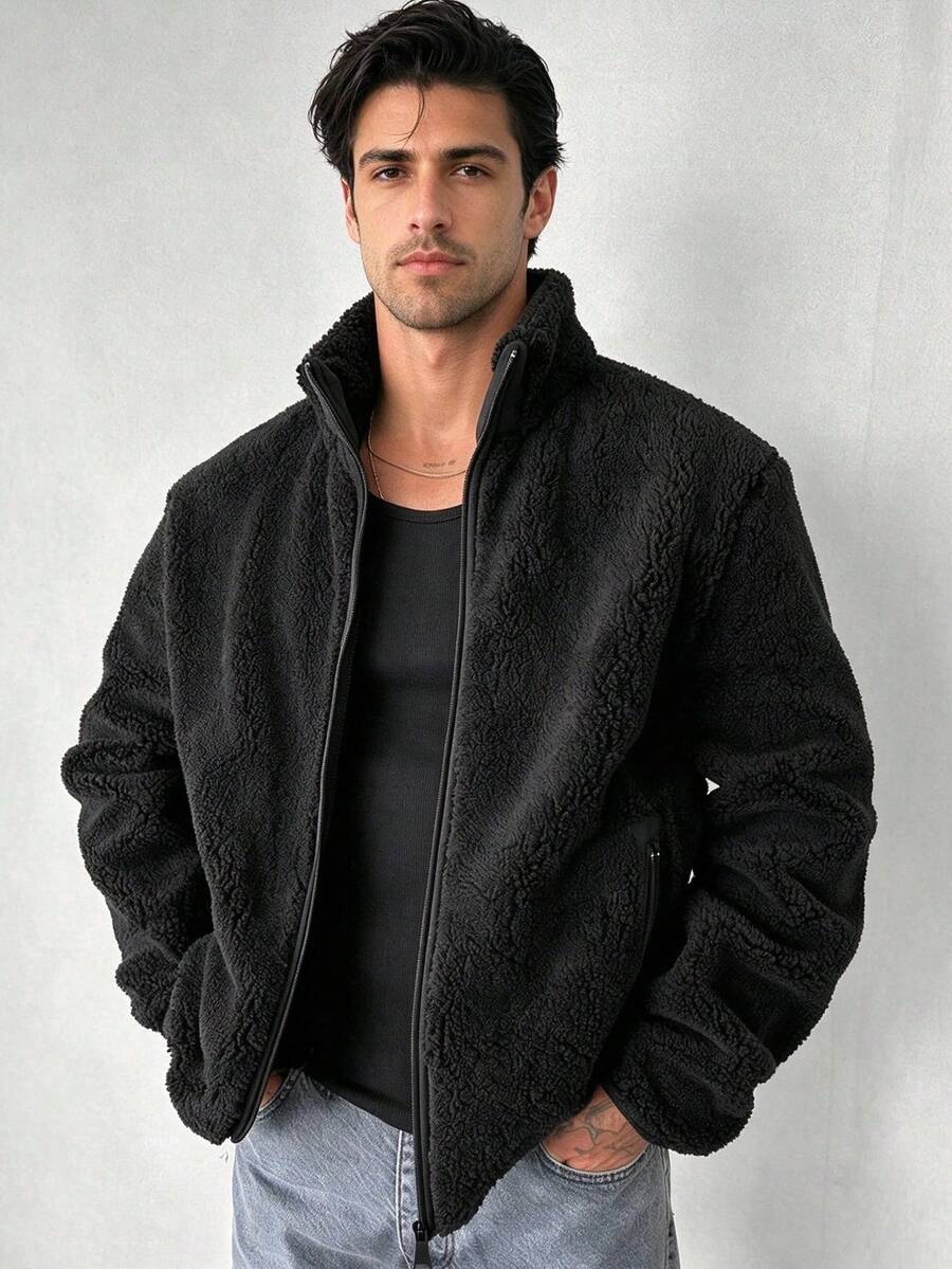 Men's Long Sleeve Vintage Stand Collar Thickened Jacket, Autumn/Winter Style, Punk Style, Warm Lined Jacket - Black - View 1