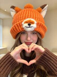 1pc Women's Fox Ear Plush Knit Hat, Autumn/Winter Style, Face-Slimming, Warm And Versatile Knitted Wool Hat - Multicolor - View 2