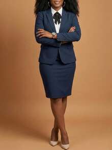 Women's Elegant Navy Blue Suit Set For Autumn/Winter, Includes Pointed Collar Blazer And Pencil Skirt With Back Zipper For Easy On/Off, Suitable For Office Wear - Navy Blue - View 1