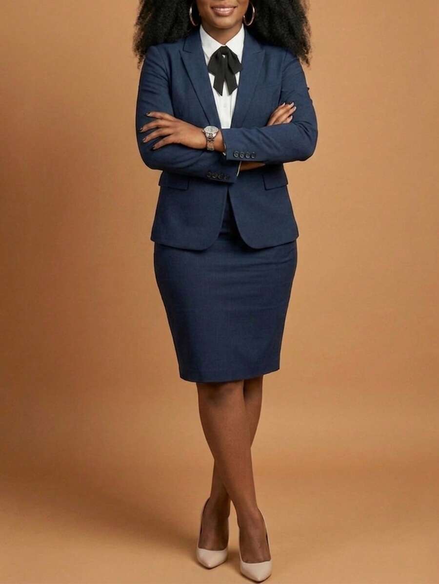 Women's Elegant Navy Blue Suit Set For Autumn/Winter, Includes Pointed Collar Blazer And Pencil Skirt With Back Zipper For Easy On/Off, Suitable For Office Wear - Navy Blue - View 1