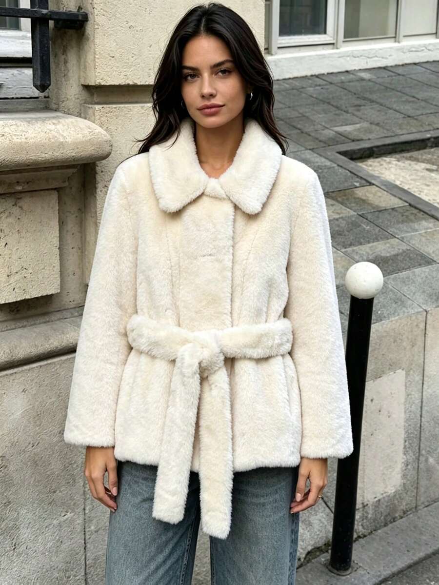 DEEKA Autumn/Winter New Women's European And American Style Fashion Belted Faux Fur Effect Coat Jacket - Beige - View 1