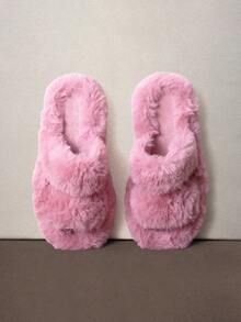 Hatastic Fall/Winter Women's Fluffy Open Toe Platform Slides, Comfortable Solid Color Anti-Slip Shoes, Soft Anti-Slip House Slippers - Rose Red - View 2