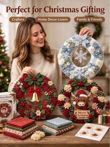 New 3D DIY Fabric Punch Needle Wreath Making Kit, Adult Christmas Wreath DIY Set, Includes Snowflake, Highland Cow, Hummingbird, Bell And Gnome Themes, Suitable For Making Holiday Home Decor - C - View 6