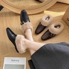 Vintage Square Toe Plush Women's Shoes With Thick Fleece Lining, Buckle Decor, Comfortable Flat Sole Warm Shoes - Black - View 4