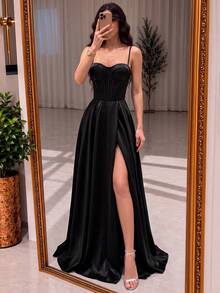 ADYCE Elegant High-Waist Fishbone High Slit Tie-Back A-Line Long Evening Dress Party Gown - Black - View 1