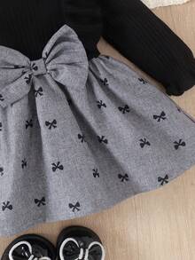 1pc Baby Girl Cute Elegant Ribbed & Printed Fabric Long Sleeve Dress, Thin For Spring/Autumn Party - Black - View 4