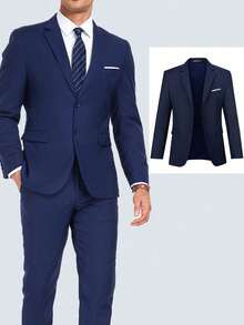 Men's Suit Blazer Polyester For Men Casual 2 Pieces Jacket Tie Set Long Sleeves VersatileSingle Breasted Slim Fit Wedding Party Business Prom Commute - Navy Blue - View 4