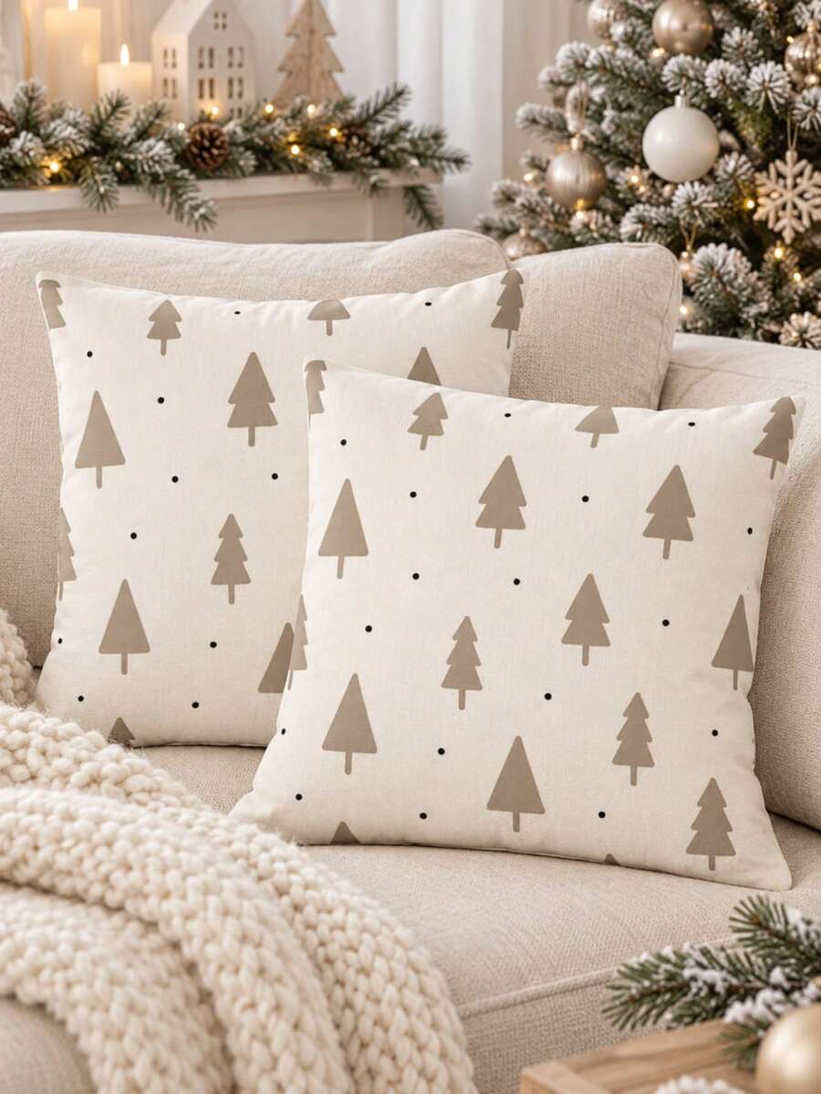 2PCS Camel Christmas Tree Pillow Covers, White Background Nordic Polka Dot Pattern, Christmas Holiday Home Decor, Suitable For Bedroom, Living Room, Sofa And Office, Pillow Insert Not Included - Camel - View 1